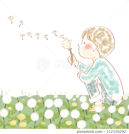 一個孩子在玩蒲公英棉帽 一個孩子在玩蒲公英棉帽 112150292