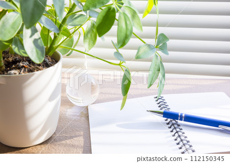Notepad and blue pen on the windowsill Notepad and blue pen on the windowsill 112150345