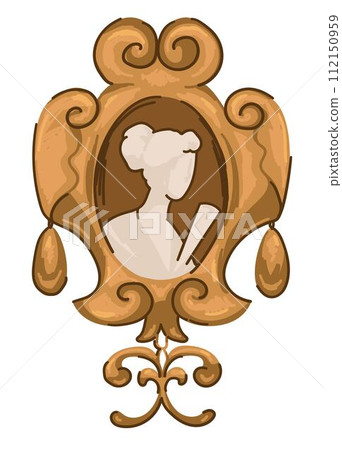 Cameo brooch, gold jewelry with portrait of woman Cameo brooch, gold jewelry with portrait of woman 112150959