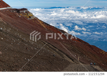Climbers on the Yoshida mountain trail on Mt. Fuji covered with clouds Climbers on the Yoshida mountain trail on Mt. Fuji covered with clouds 112151294