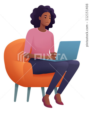 Woman Using Laptop Computer Cartoon Illustration 112151408