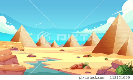 Sunny Desert Pyramids Landscape Illustration 112151699