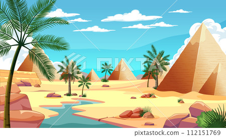 Sunny Egyptian Pyramids and Oasis Scene Sunny Egyptian Pyramids and Oasis Scene 112151769