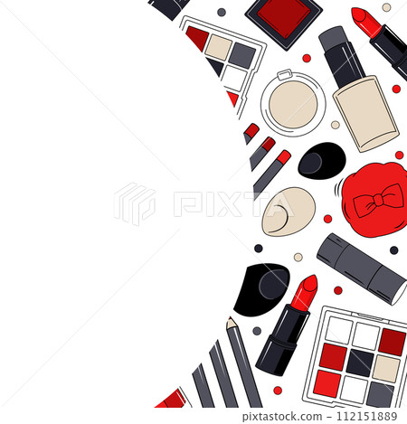 Vector square frame with red makeup elements for text. Vignette with cosmetics for design Vector square frame with red makeup elements for text. Vignette with cosmetics for design 112151889