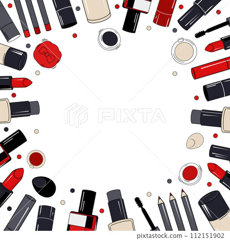 Vector square frame with red makeup elements for text. Vignette with cosmetics for design 112151902