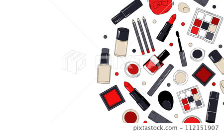 Vector rectangular frame with red makeup elements for text. Vignette with cosmetics for design 112151907