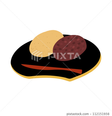 Hand-drawn color illustration icon of ohagi (kinako & tsubuan) on a plate 112151938
