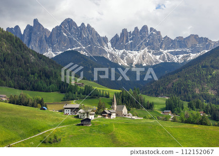 landscape of the village of St. Maddalena against the backdrop of the Dolomites landscape of the village of St. Maddalena against the backdrop of the Dolomites 112152067