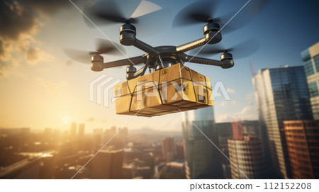 AI-generated content. A drone with four rotors carries a package with a delivery icon, flying against a sunset city backdrop 112152208