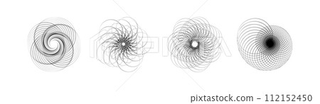 Spirograph patterns collection. Abstract geometric abstract forms isolated. Round and spiral twisted lines. Circular ornament of spirograph for watermarks 112152450