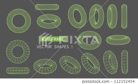 Abstract wireframe torus grid set. Geometric 3D polygonal shapes in brutalism style. Abstract wireframe torus grid set. Geometric 3D polygonal shapes in brutalism style. 112152454