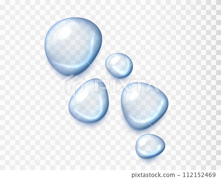 liquid serum drop collection. Realistic Blue Illuminating Water Drop Isolated on transparent background. Cream gel cosmetic texture. 112152469