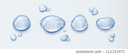 Set of transparent drops of water realistic. Transparent clear water drops. Isolated on transparent background. Realistic style. Drops, condensation on the surface 112152471