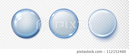 Blue serum drops set isolated on transparent background. Vector realistic serum droplet of drug or collagen essence translucent. Transparent round displays 112152480