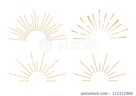 Golden sun burst beam line minimal sunrise decoration isolated on white background. Celestial sun ray with ocean waves 112152966