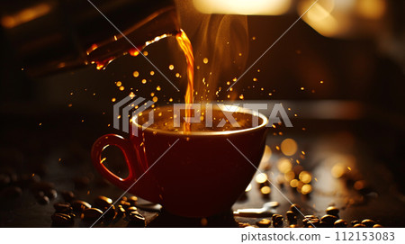 the fluid beauty of pouring coffee into a pristine cup, captured in mid-air 112153083