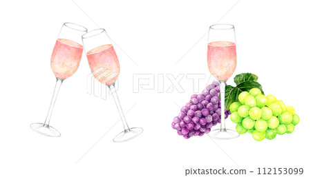 Sparkling wine (rosé) set, hand-drawn watercolor illustrations of alcoholic beverages 112153099