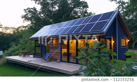 solar panels on a modern tiny house roof top 112153258
