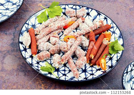 Tasty salami on a plate 112153268