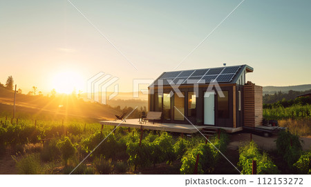 solar panels on a modern tiny house roof top 112153272
