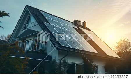 solar panels on a modern tiny house roof top 112153297