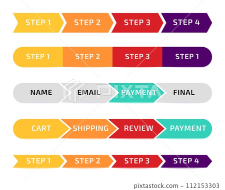 Progress bar. Infographic design. Sequence step. Shopping process icons. Purchase payment chart. Timeline phases. Progressive arrow infochart. Flowchart level. Vector development scheme indicators set 112153303