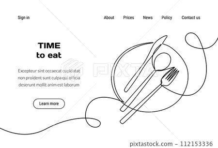 Kitchen tools. Culinary landing page. Dinner eating. Plate with cutlery. Website design template. Food cooking. Lunch table serving. Fork and knife. Doodle continuous line drawing. Vector background Kitchen tools. Culinary landing page. Dinner eating. Plate with cutlery. Website design template. Food cooking. Lunch table serving. Fork and knife. Doodle continuous line drawing. Vector background 112153336