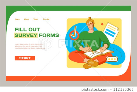 Fill out survey forms landing page. Online questionnaire. Website design template. Man puts checkmarks. Web test exam ticks. Internet poll. Vote document. Education quiz questions. Vector background 112153365