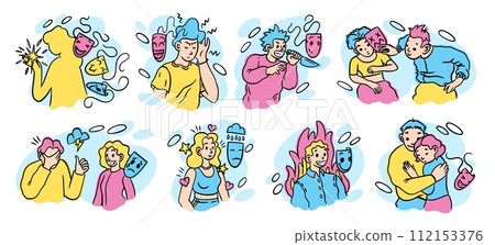 Mental health. People insincerity. Fake mask. Persons mind. Psychology problem. Woman depression. Man stress. Couples hypocrisy. Anxiety influence. Emotion hide. Vector psychological disorders set 112153376