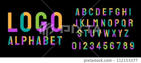 Logo font alphabet. Typography color modern design. Uppercase letters and numbers. Geometric art. Festive typeset. Rainbow abstract symbols. Creative bold typeface. Vector text graphic elements set Logo font alphabet. Typography color modern design. Uppercase letters and numbers. Geometric art. Festive typeset. Rainbow abstract symbols. Creative bold typeface. Vector text graphic elements set 112153377