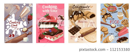 Bakery cake. Dessert menu, bake poster cafe illustration, food flyer, chocolate muffin and delicious cream cupcake banner, recipe sweet kitchen, utensils for homemade cooking, cover design. Vector set Bakery cake. Dessert menu, bake poster cafe illustration, food flyer, chocolate muffin and delicious cream cupcake banner, recipe sweet kitchen, utensils for homemade cooking, cover design. Vector set 112153380