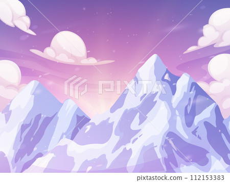 Mountain summit. Winter nature landscape. Rock glacier ice. Ski travel. Scenic sunset. Sky light. Canada snowy panorama. Frozen cliff peak. Alps ridge horizon. Cold season. Vector cartoon illustration 112153383
