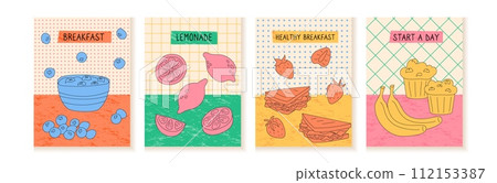 Abstract poster. Lunch cooking. Breakfast porridge. Lemonade drink. Salad bowl. Bananas cupcake. Cafe fruit dessert. Strawberry and blueberry. Food kitchen. Restaurant menu. Vector garish banners set Abstract poster. Lunch cooking. Breakfast porridge. Lemonade drink. Salad bowl. Bananas cupcake. Cafe fruit dessert. Strawberry and blueberry. Food kitchen. Restaurant menu. Vector garish banners set 112153387
