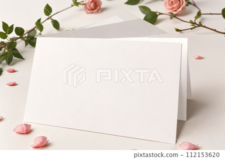 letter, postcard on a background of roses close-up mockup letter, postcard on a background of roses close-up mockup 112153620