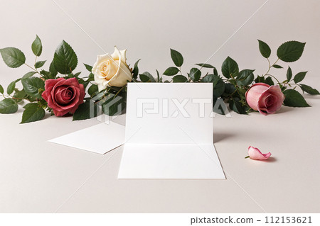 blank letter, postcard on a background of roses mockup on a light background 112153621