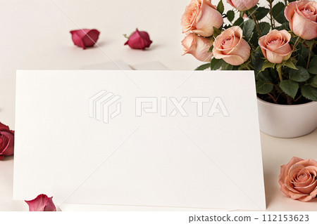 mockup blank postcard letter and bouquet of roses on light background mockup blank postcard letter and bouquet of roses on light background 112153623