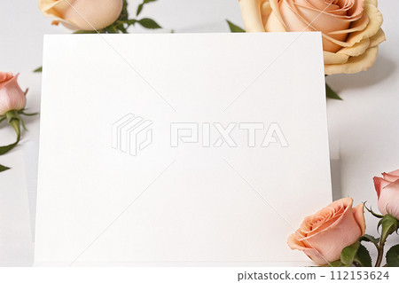 mockup blank postcard letter and pink roses on light background 112153624