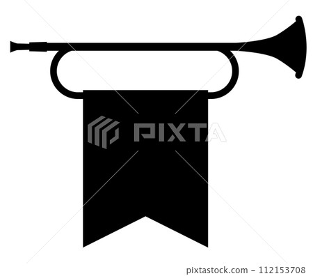 Trumpet with flag icon. Royal fanfare with triumphant flag sign. Swallow flag with brass trumpet symbol. flat style. 112153708