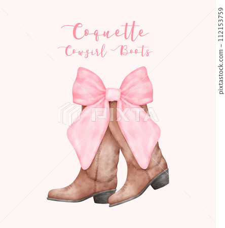 Coquette Cowgirl Boots with Pink Bow Watercolor. Aesthetic Hand Painted Illustration 112153759