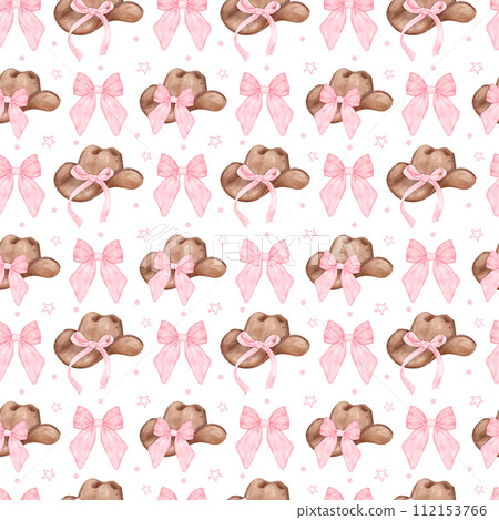 Coquette Cowgirl Hat Seamless Pattern. Feminie Watercolor Western Chic repeating pattern. Coquette Cowgirl Hat Seamless Pattern. Feminie Watercolor Western Chic repeating pattern. 112153766