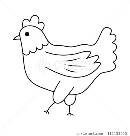 Cute Easter hen. Doodle chubby chicken. Vector linear illustration. 112153930
