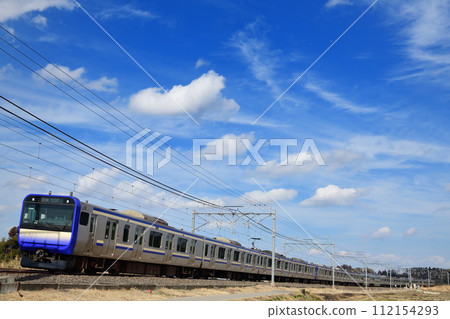 E235系列總武線快速列車行駛在陽光明媚的冬日鄉村 E235系列總武線快速列車行駛在陽光明媚的冬日鄉村 112154293