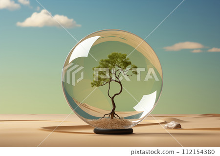 Tree in glass ball on soil crack in desert 112154380