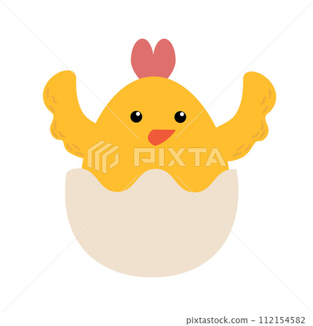 Easter little chick cartoon character isolated on white background. Trendy Easter design. Flat vector illustration for poster, icon, card, logo, label. Easter little chick cartoon character isolated on white background. Trendy Easter design. Flat vector illustration for poster, icon, card, logo, label. 112154582