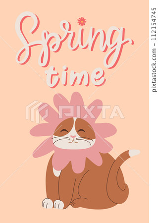 Adorable plump cat with pink flower on his head with lettering Spring time. Cartoon vector illustration. Design for poster, icon, card, logo, label, banner, sticker. 112154745
