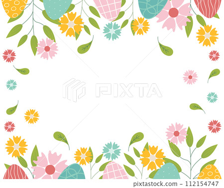Hand sketched background, vector illustration for Easter. Borders with leaves, eggs and flowers for greeting card, invitation template. Retro, vintage lettering banner, poster, background. 112154747
