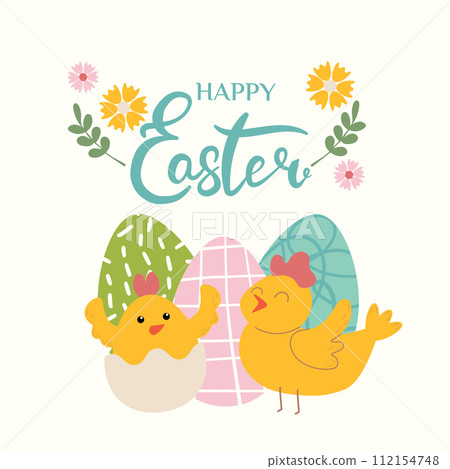 Happy Easter banner, poster, greeting card. Trendy Easter design with lettering, flowers, eggs and little chicks, in pastel colors on beige background. Flat vector illustration. Happy Easter banner, poster, greeting card. Trendy Easter design with lettering, flowers, eggs and little chicks, in pastel colors on beige background. Flat vector illustration. 112154748