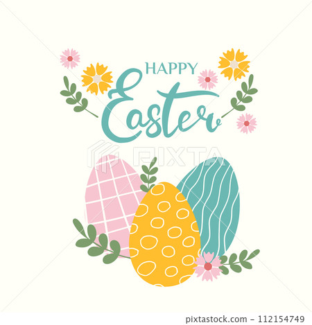 Happy Easter banner, poster, greeting card. Trendy Easter design with lettering, flowers, eggs, in pastel colors on beige background. Flat vector illustration. 112154749