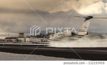Business jet plane landing at Stork Tajima Airport Business jet plane landing at Stork Tajima Airport 112155459