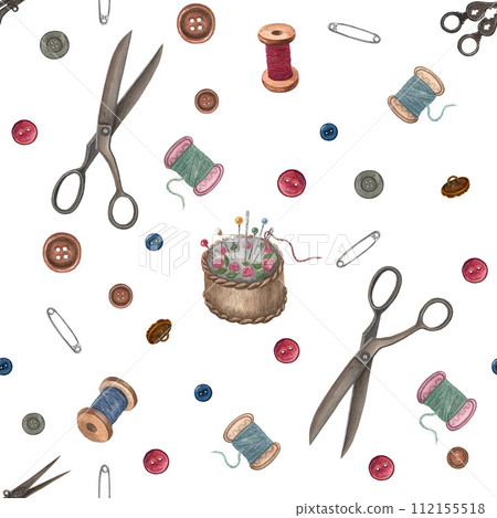 Vintage sewing tool watercolor seamless pattern. White background. 112155518